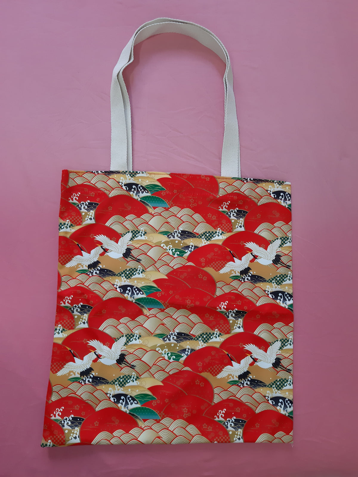Traditional Japanese Crane & Waves Polyester Tote Bag
