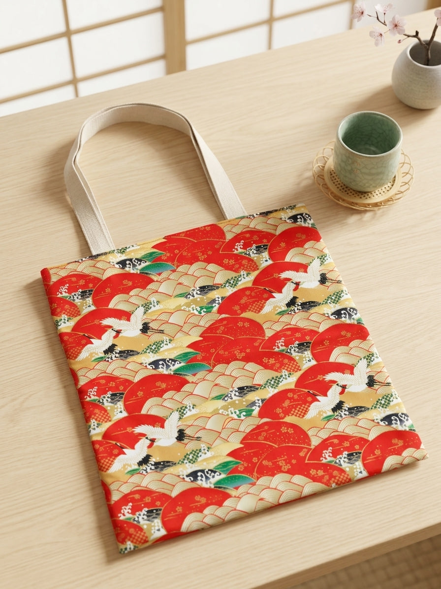 Traditional Japanese Crane & Waves Polyester Tote Bag