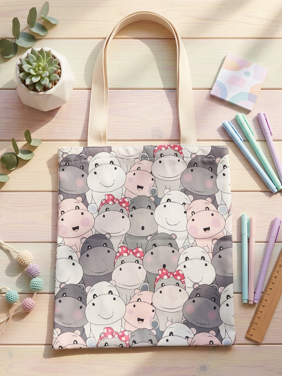 Kawaii Hippos Polyester Tote Bag