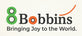 The logo for 8Bobbins, featuring a green number 8, an orange circle with a black center inside the 8, dark gray text for 'Bobbins', and the tagline 'Bringing Joy to the World.' on a light cream textured background.