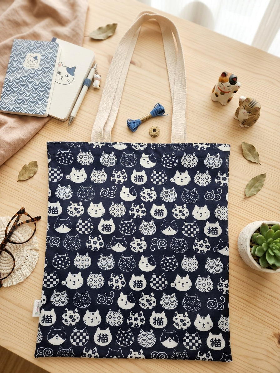 Japanese Patterned Cats Polyester Tote Bag